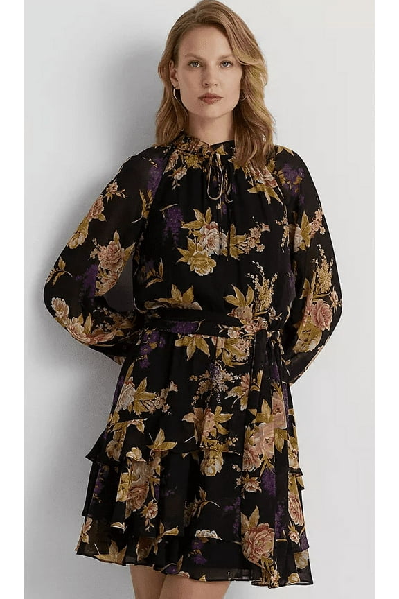 BLACK/TAN/MULTI Women's Floral Belted Crinkle Georgette Dress, US 2