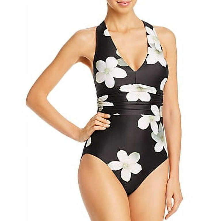 Ralph Lauren BLACK/WHITE Floral Villa Crisscross-Back One Piece Swimsuit,  US 14