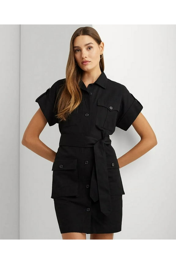 BLACK Women's Belted Cotton Utility Shirtdress, US 10