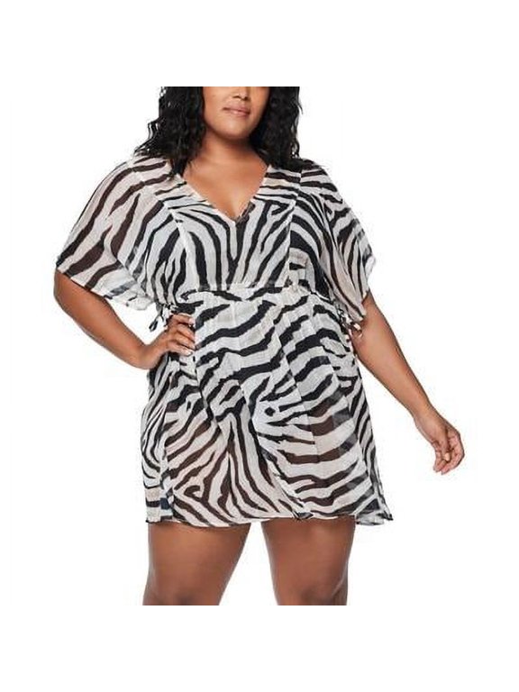 BROWN Plus Size Zebra-Print Tunic Cover-up, US 2X