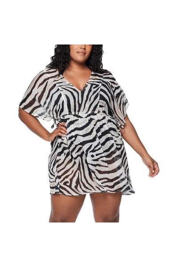 BROWN Plus Size Zebra-Print Tunic Cover-up, US 2X