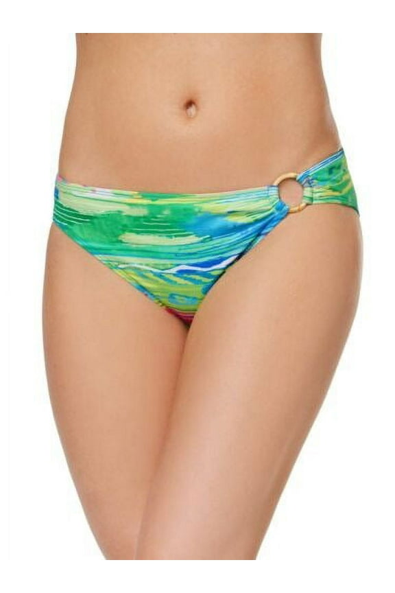 CORAL/MULTI Ikat Print Side Ring Hipster Bikini Swim Bottom, US 8
