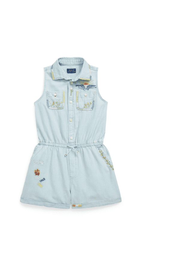 Childrenswear | Junior's Girl's Embroidered Cotton Chambray Romper, Light Rinse, Size 16