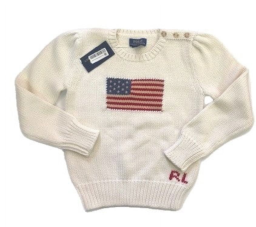 Ralph Lauren ESSEX CREAM Girls American Flag Knit Cotton Crewneck Sweater,  US 6X 