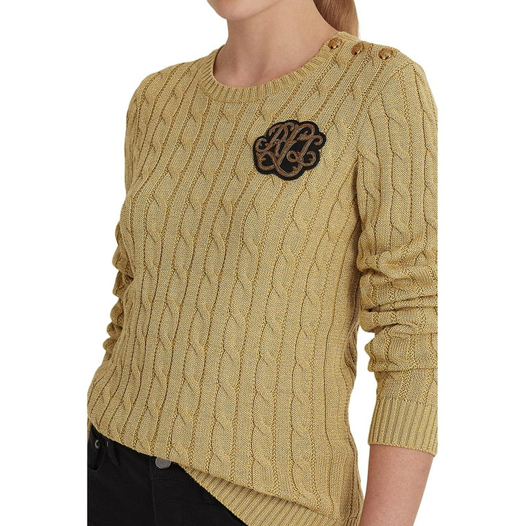 Ralph Lauren GOLD Women's Metallic Button-Trim Cable-Knit Sweater, US Small