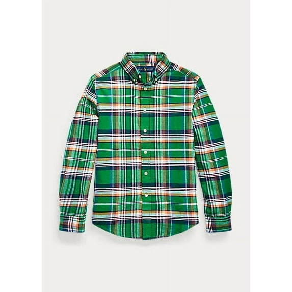 Ralph Lauren GREEN/ORANGE MULTI Boys Plaid Cotton-Linen Shirt, US 3T