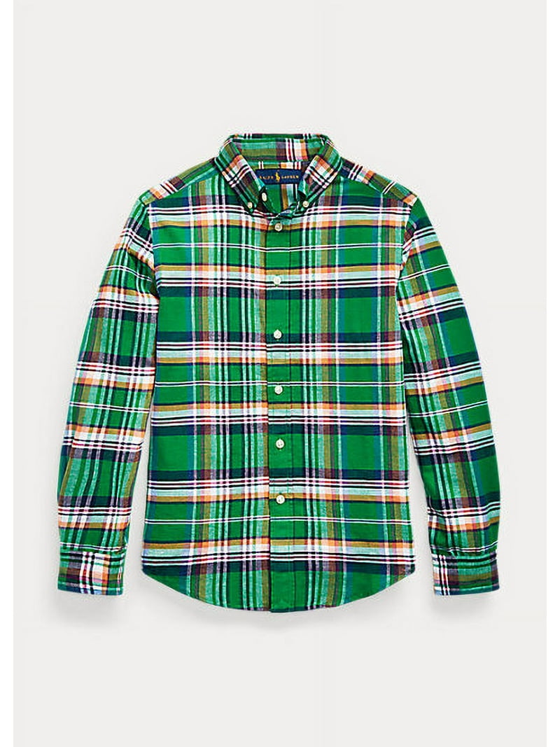 Ralph Lauren GREEN/ORANGE MULTI Men's Plaid Cotton-Linen Shirt, US