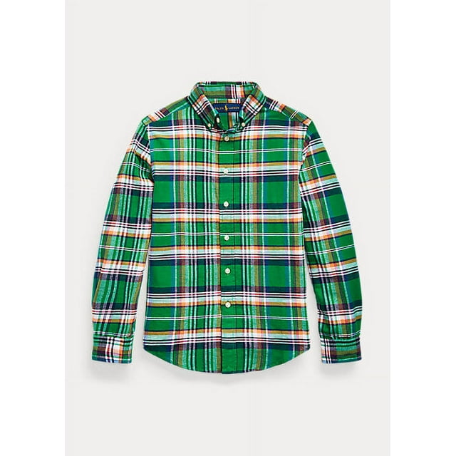 Ralph Lauren GREEN/ORANGE MULTI Men's Plaid Cotton-Linen Shirt, US X-Large