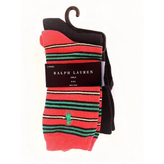 Ralph Lauren Girls 2 Pairs/Pack Cotton Blend Socks, Size 8-9.5, Pink/Navy