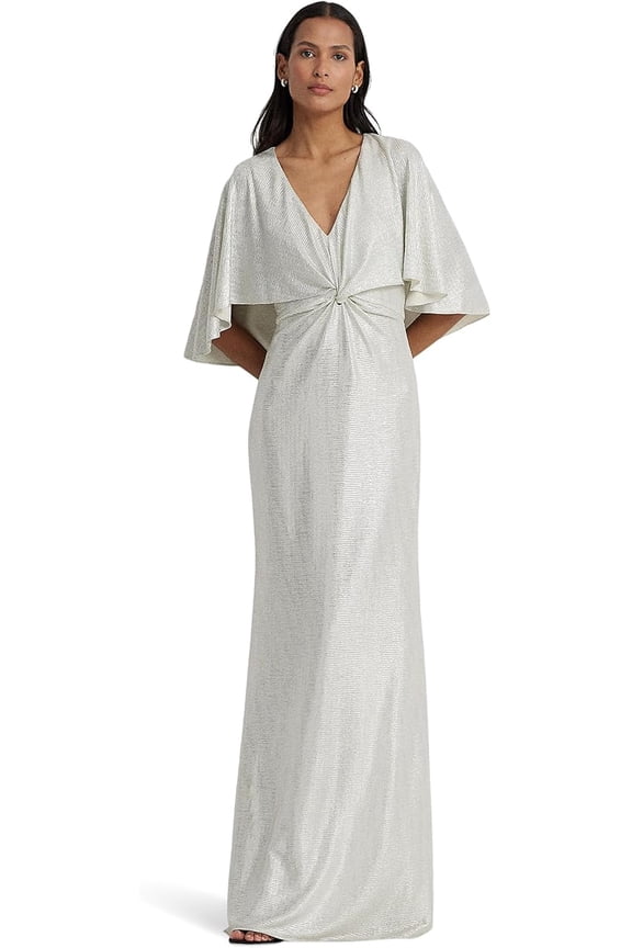 MASCARPONE CREAM Women's Metallic Knit Twist-Front Cape Gown, US 6