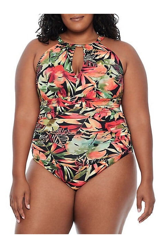 MULTI Plus Size Keyhole Neck One Piece Swimsuit, US 16W