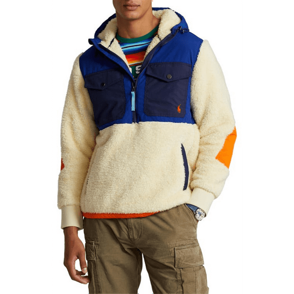 Ralph Lauren Men's High Pile Fleece Hybrid Half Zip Hoodie Beige Size XX-Large