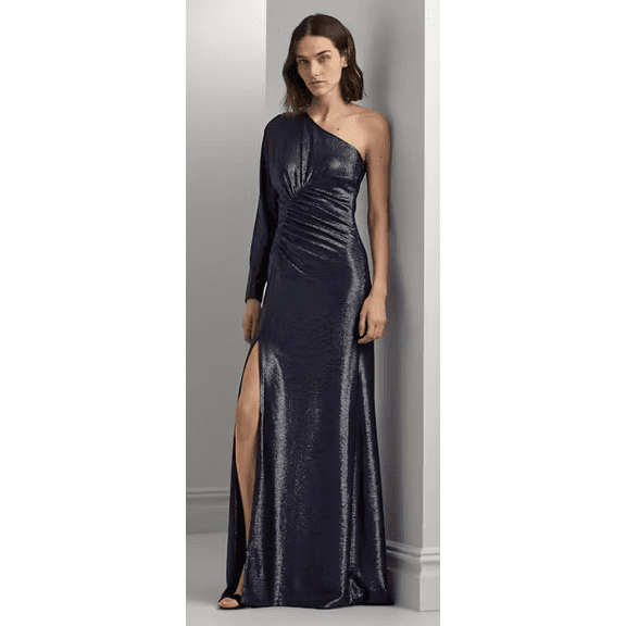 Lauren Ralph Lauren Women's Metallic Knit One-Shoulder Gown Dress Navy Size 6