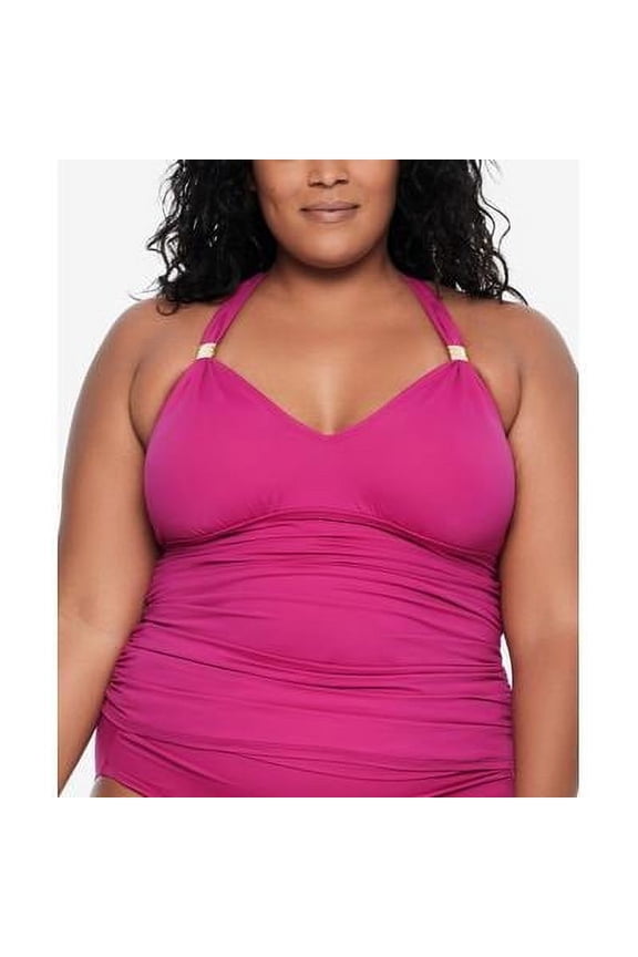PLUMERIA Plus Size Tummy-Control Halter Tankini Swim Top, US 18W