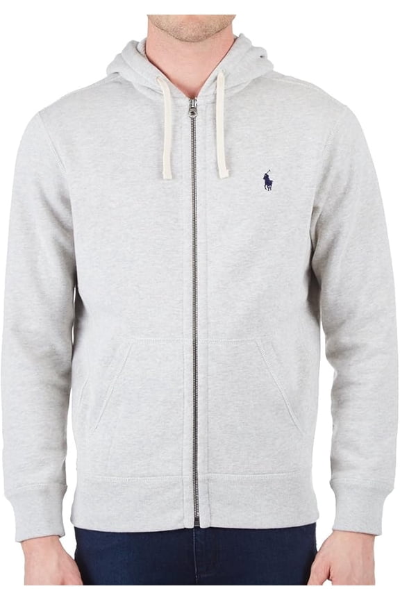 710548546002: Men's Classic Full-Zip Fleece Hooded Sweatshirt, Light Sport Heather/Navy Logo