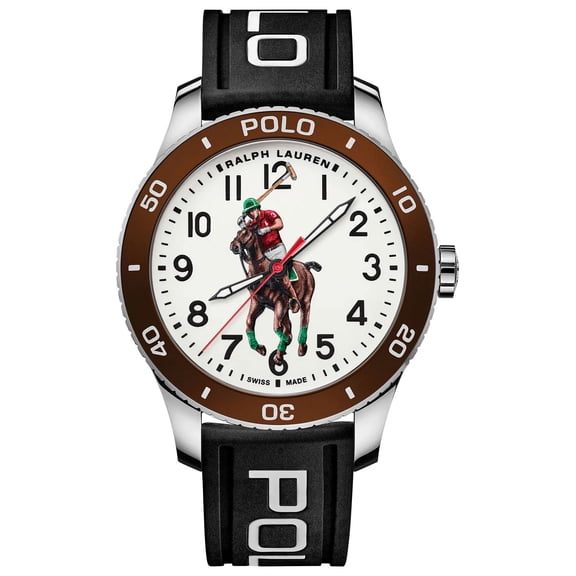 Ralph Lauren Polo Watch Pony Player Automatic Stainless Steel White Dial Black Rubber Strap Mens Watch 472853461003