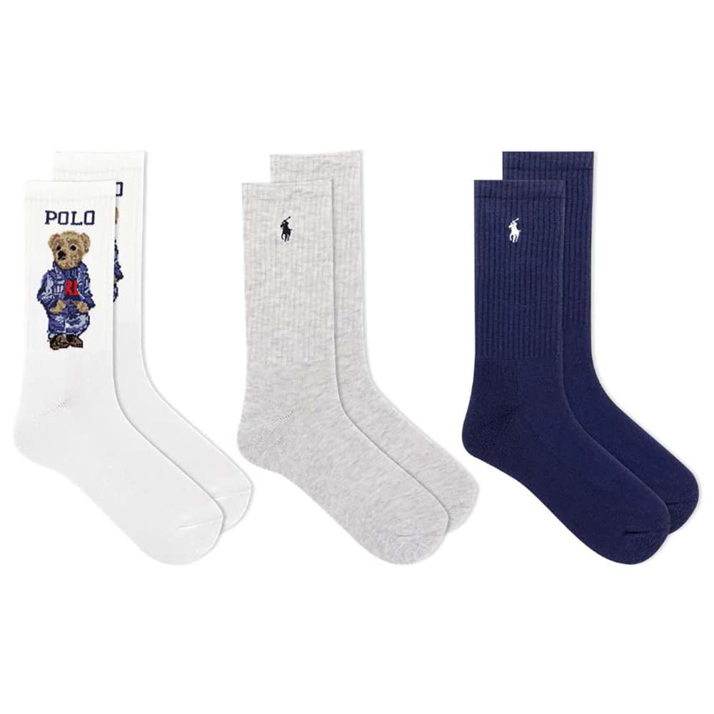 Ralph Lauren Polo Women's 3-Pack Americana Bear Crew Socks, White Assorted,  9-11