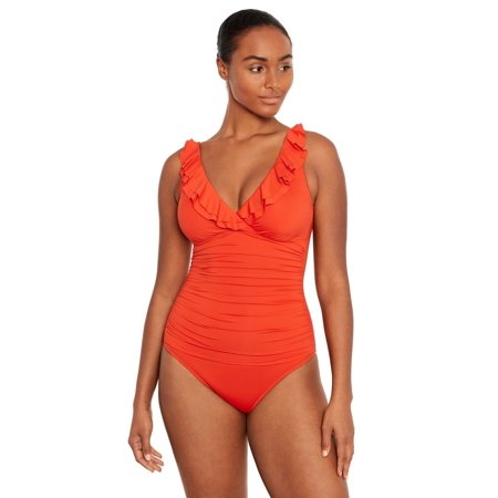 Ralph Lauren Ruffled One-Piece Swimsuit Papaya Size 10 New