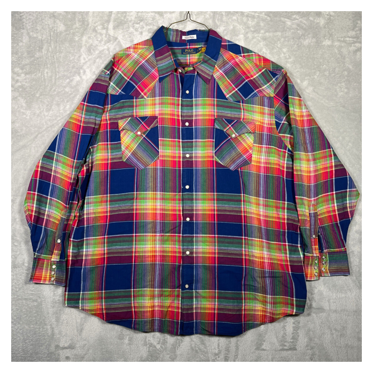 Ralph Lauren Shirt Mens Indian Madras Plaid Pearl Snap