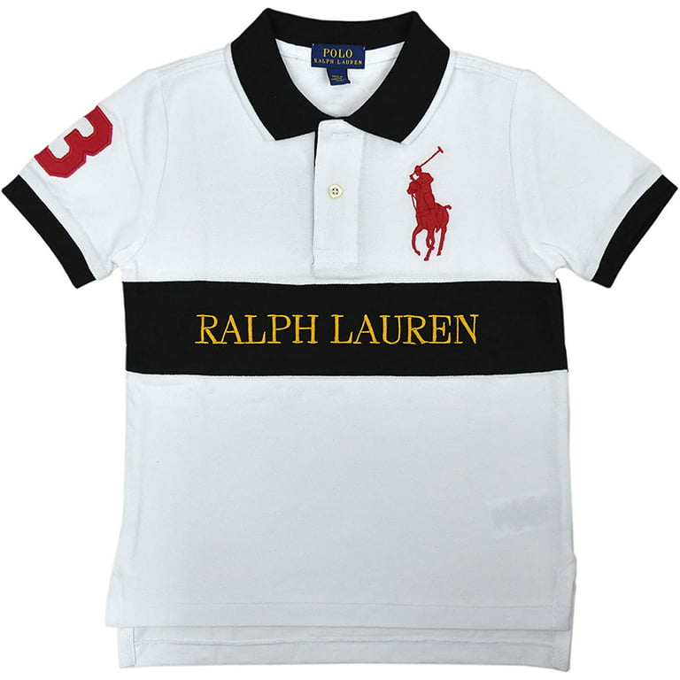 Ralph Lauren WHITE/BLACK/RED Boys Big Pony Chest Stripe Polo Shirt, US 2/2T