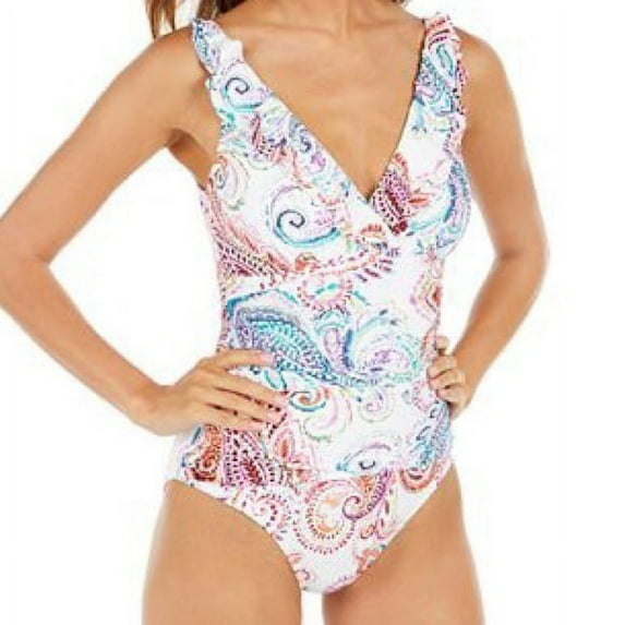 Ralph Lauren WHITE Captiva Paisley Tummy-Control One Piece Swimsuit, US 10