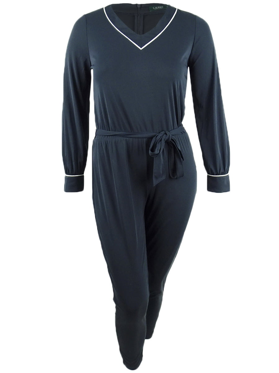 Ralph Lauren Women's Camden Belted V Neck Jumpsuit Blue Size Large