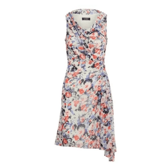 Ralph Lauren Women's, Ivory Gathered Sheer Asymmetrical Hem Dress, Floral, 4P