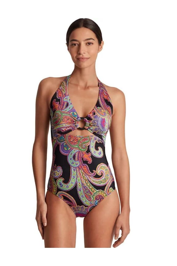 Women's Multicolor Printed Macrame Ring Halter One-Piece Swimsuit 8