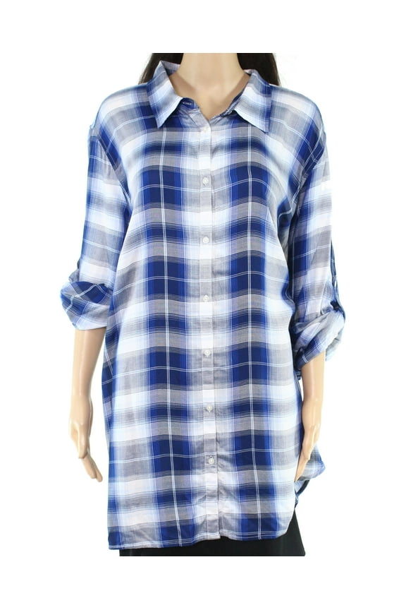 Women's Plaid Button Down Top Blue Size 1X