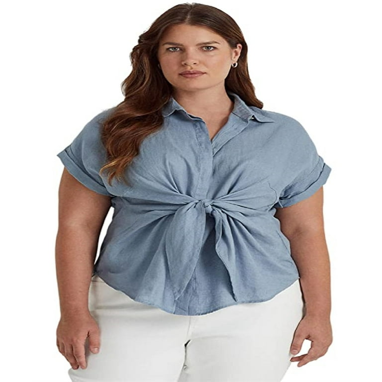 Ralph Lauren Women's Tie Front Linen Shirt Blue Size 1X