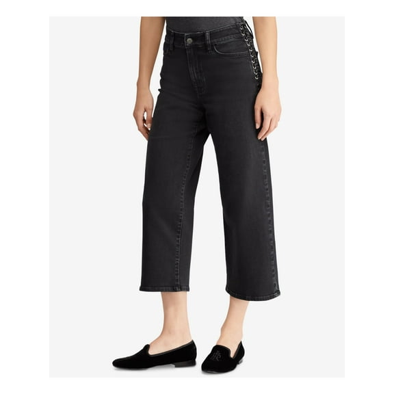 RALPH LAUREN Womens Black Lace Up Cropped Flare Jeans 8
