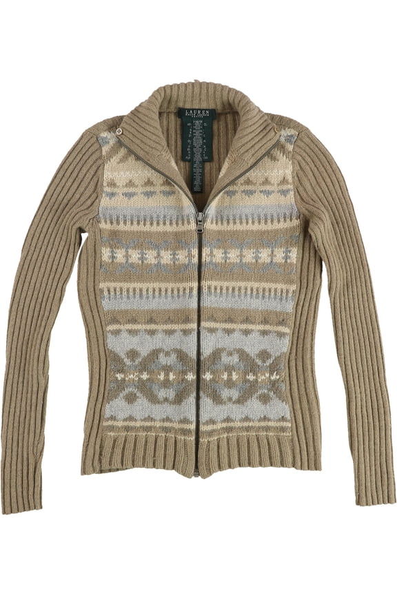 Womens Fair Isle Zip-Up Knit Sweater, Brown, Petite, PXS