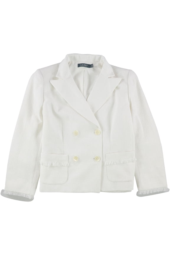 Womens Fringe Trim Double Breasted Blazer Jacket, White, 10