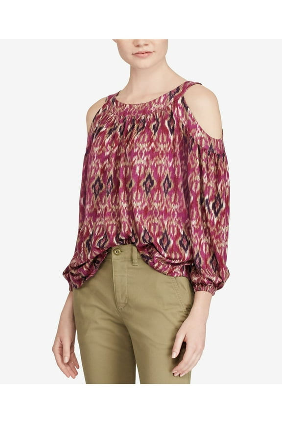 Womens Purple Cold Shoulder Printed Long Sleeve Jewel Neck Top M