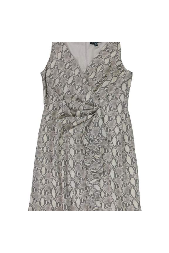 Womens Ruffled Print Surplice Sheath Dress, Grey, Petite, 10P