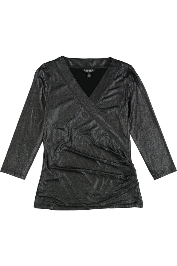 Womens Shimmer Wrap Blouse, Black, Medium