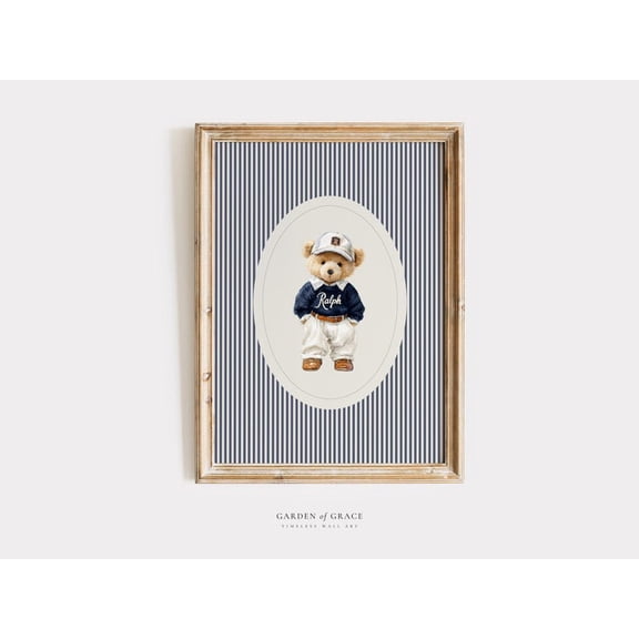 Ralph Teddy Bear in Sweater Wall Art Print for Nursery, Dark Blue Boy Room Decor, Vintage Polo Bear Prints, Country Club Wall Décor 12x18 UNFRAMED