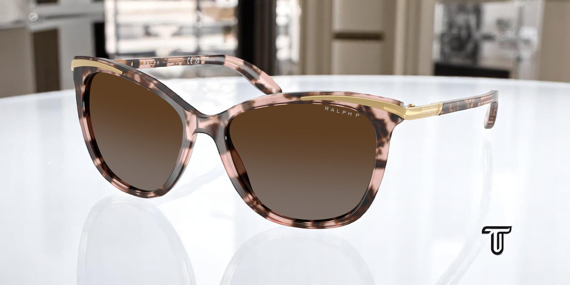 Ralph by Ralph Lauren RA 5203 Plastic Womens Cat-Eye Polarized Sunglasses Shiny Pink Tort & Gold 54mm Adult