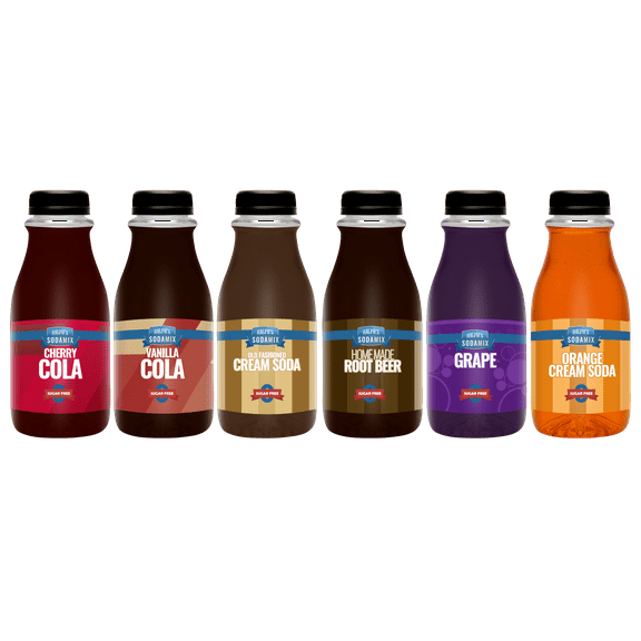 Ralph's 6 SUGAR FREE Sparkling Water Soda Maker Flavor Pack | Cherry Cola | Root Beer | Vanilla Cola | Cream Soda | Orange Cream Soda | Grape | Six 12oz Bottles | Sodamix