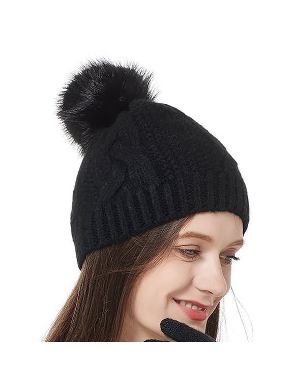 Women's Acrylic Cable Knit Beanie with Fluffy Pom Pom - Warm, Stretchy Free Size Black Winter Hat for Daily & Outdoor Use