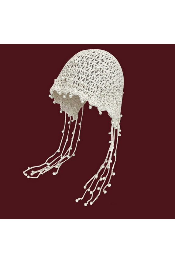 Women's Beige Knitted Hat with Pearl Tassels - Jellyfish Design, Free Size, Bohemian Festival Party Accessory