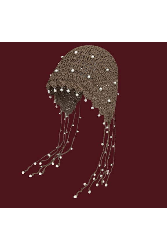 Women's Bohemian Knitted Hat with Pearl Tassels - Free Size, Khaki Lightweight Polyester - Jellyfish Inspired for Everyday & Party Wear