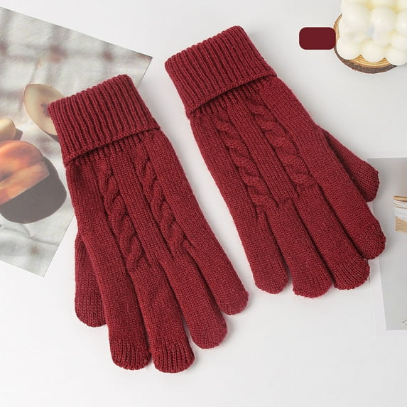 absanyy Women's Cable Knit Thermal Touchscreen Gloves - Winter Warm Gloves for Cold Weather, Size L, Red