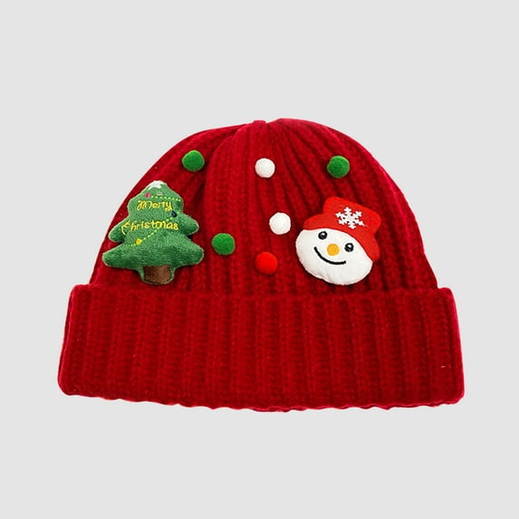 absanyy Women's Christmas Knitted Beanie - Red, Free Size with Snowman & Christmas Tree Pom Pom, Festive Winter Hat