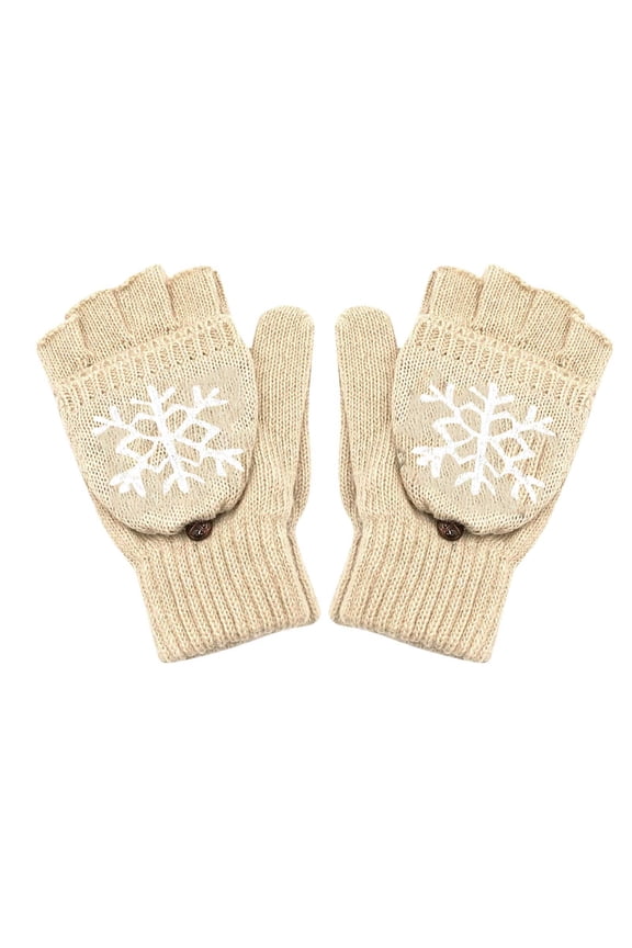 Women's Convertible Touchscreen Winter Gloves with Snowflake Embroidery, Beige, One Size Fits Most