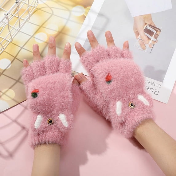 VONCOS Women's Cute Fluffy Fingerless Gloves, Pink Bunny Ear Design, Free Size, Soft Stretchy Fabric for Typing, Office & Daily Use
