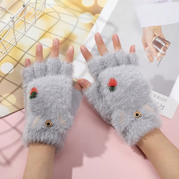 VONCOS Women's Cute Fluffy Fingerless Gloves - Warm, Animal-Inspired for Typing/School/Office, Gray, Free Size