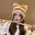 thumbnail image 1 of absanyy Women's Cute Kawaii Winter Hat - Acrylic Fluffy, Antler Cat Ear with Pom Poms, Ear Flap, Warm, Khaki, Free Size, 1 of 3