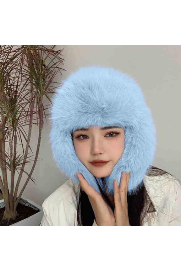 Women's Faux Fur Trapper Hat with Ear Flaps - Light Blue, Free Size - Warm Winter Hat, Cruelty-Free Vintage Style