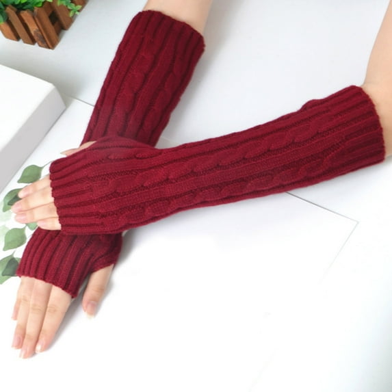 absanyy Women's Fingerless Arm Warmers - Cozy Acrylic Cable Knit, Long Length, Wine Color, One Size Fits Most - Ideal for Fall Winter, Office & Outdoor
